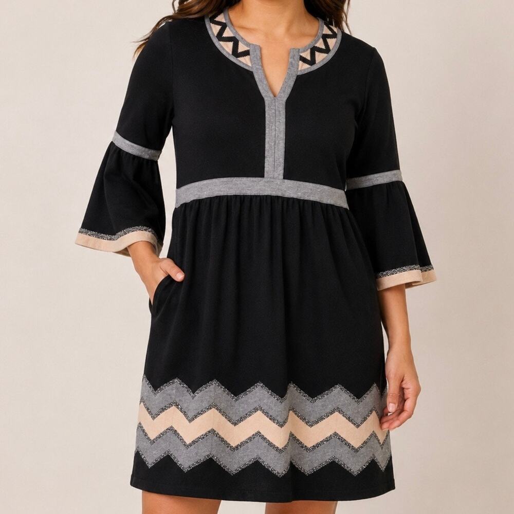 MILLY | Black Merino Wool Chevron Bell Sleeve Sweater Mini Dress | Medium